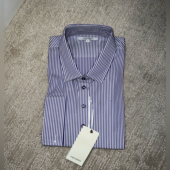 TM Lewin Purple & White Striped Fully Fitted Button Down Shirt - UK 18; US 16 - Picture 8 of 12